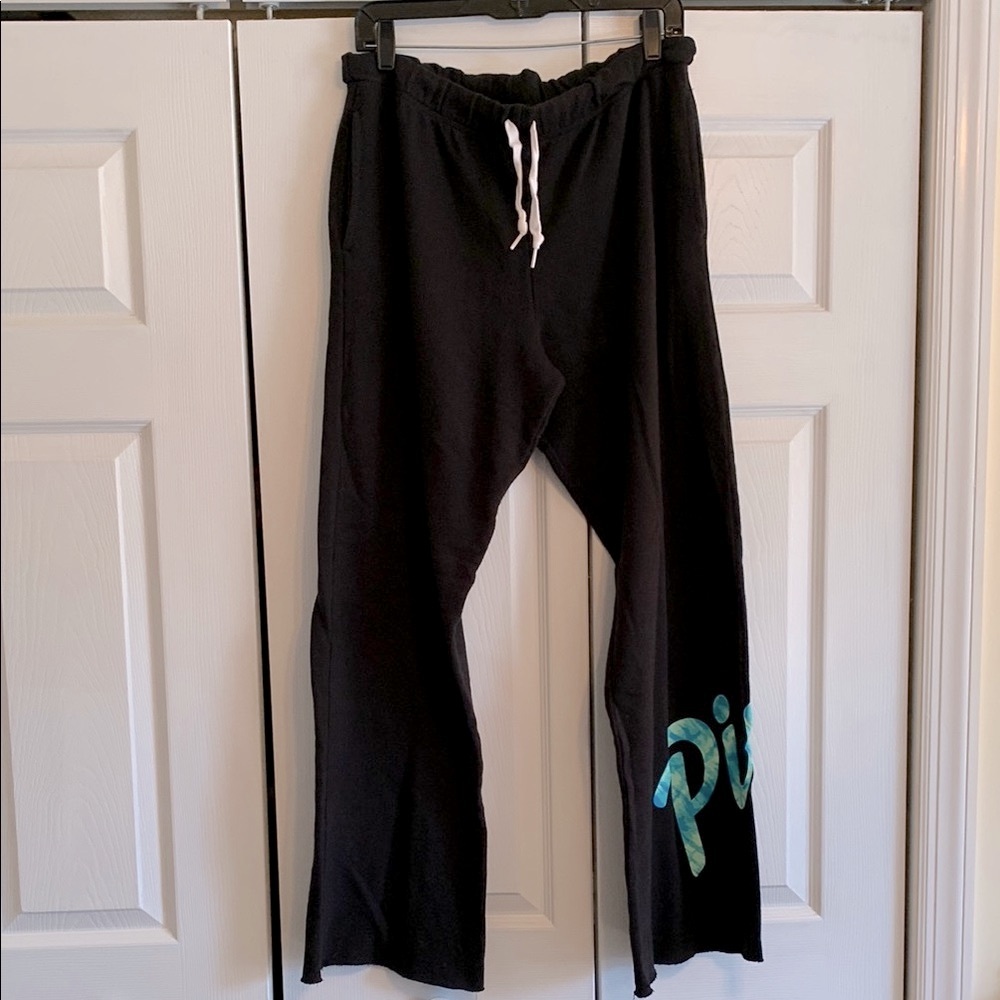 PINK,  Black Sweatpants with Teal Graphic, EUC